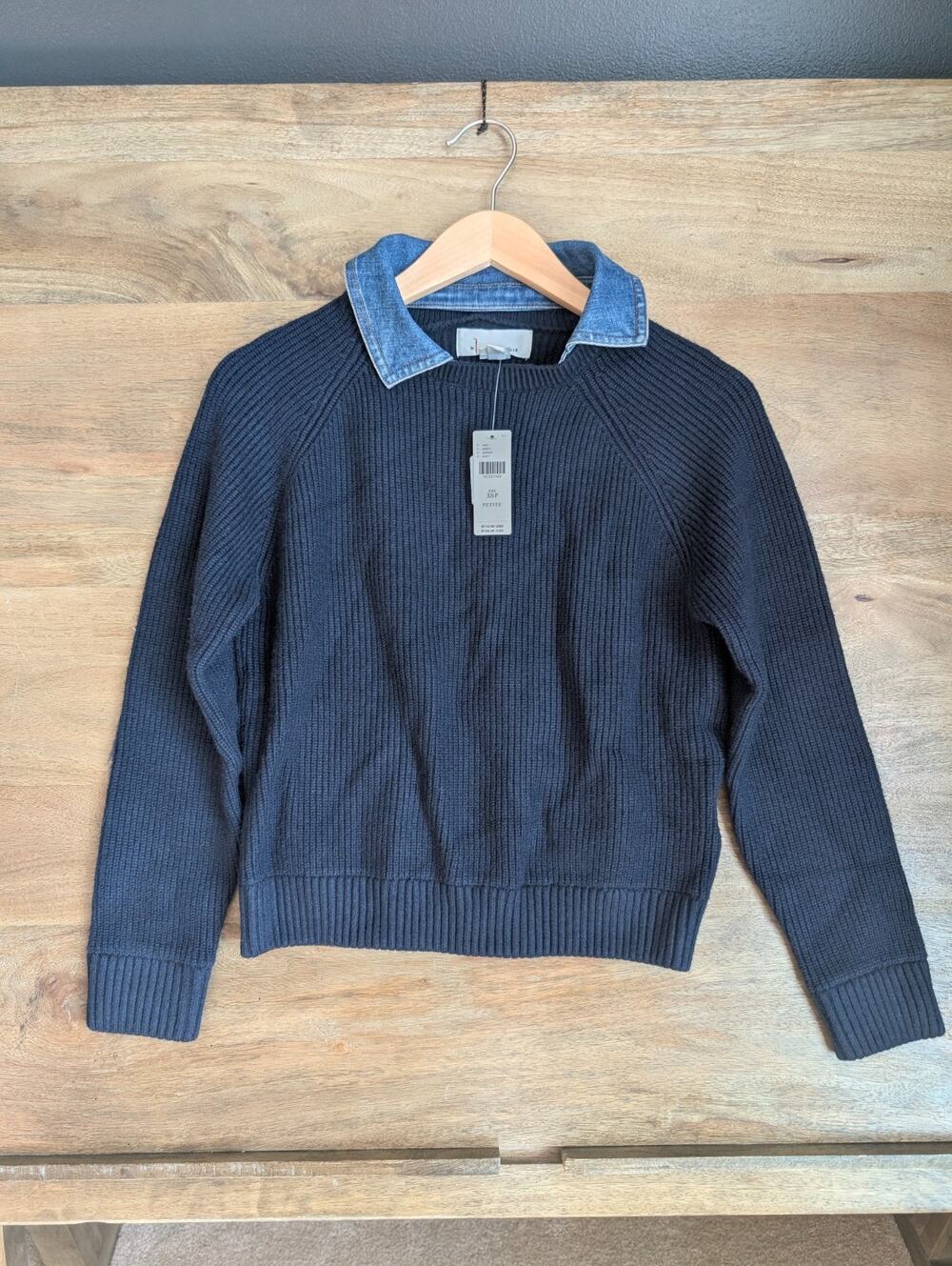Anthropologie Sweater Womens XSP Navy Ribbed Knit Long Sleeve Denim Collar NWT